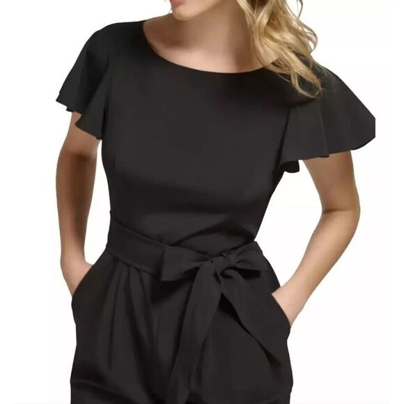 Calvin Klein CD4E1Q89 Women's Sz 12 Black Flutter Sleeve Belted Jumpsuit - Picture 9 of 9